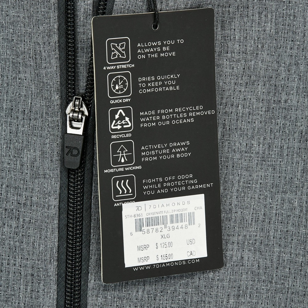 7 Diamonds Mens Oxygenate Full Zip Hoodie XL Grey‎ Black 4 Way Stretch Quick Dry - Picture 7 of 16